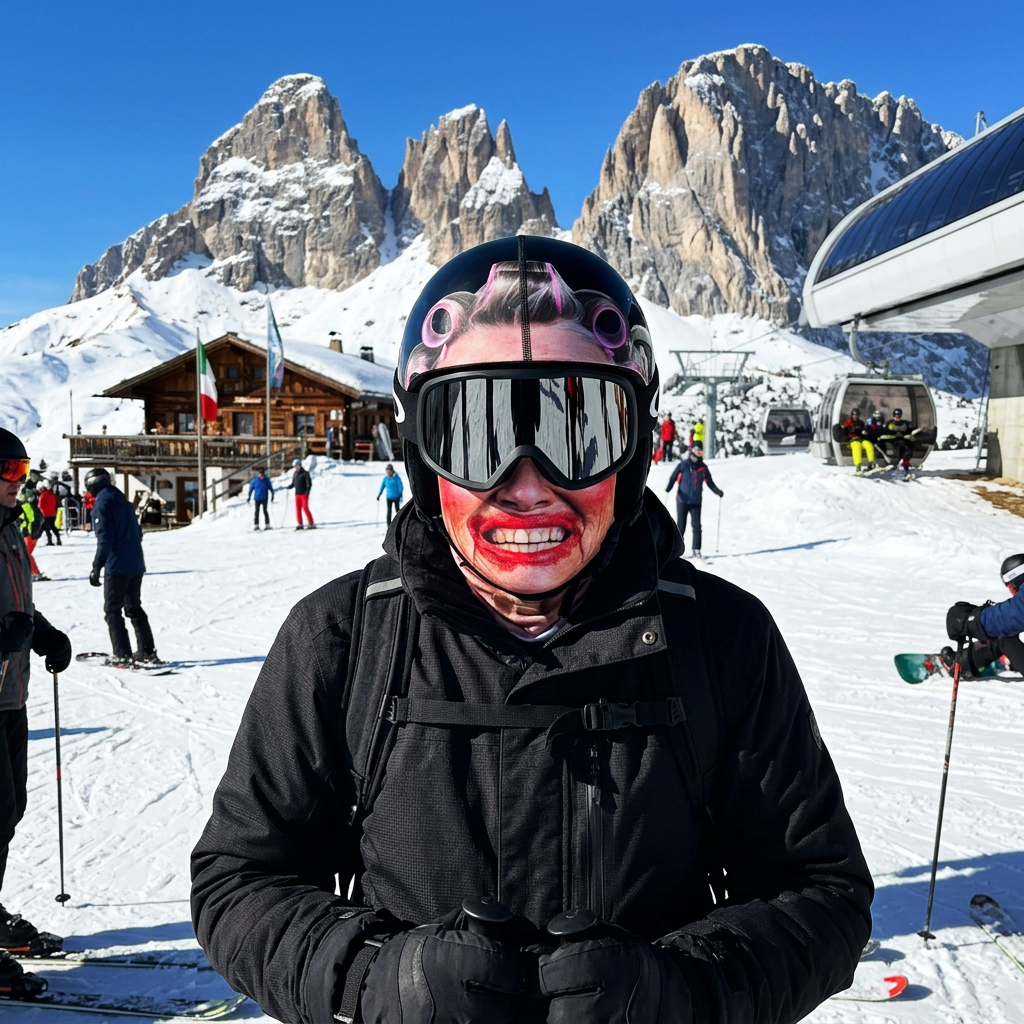 Passamontagna Nonna Pina indossato sotto il casco sulle Dolomiti