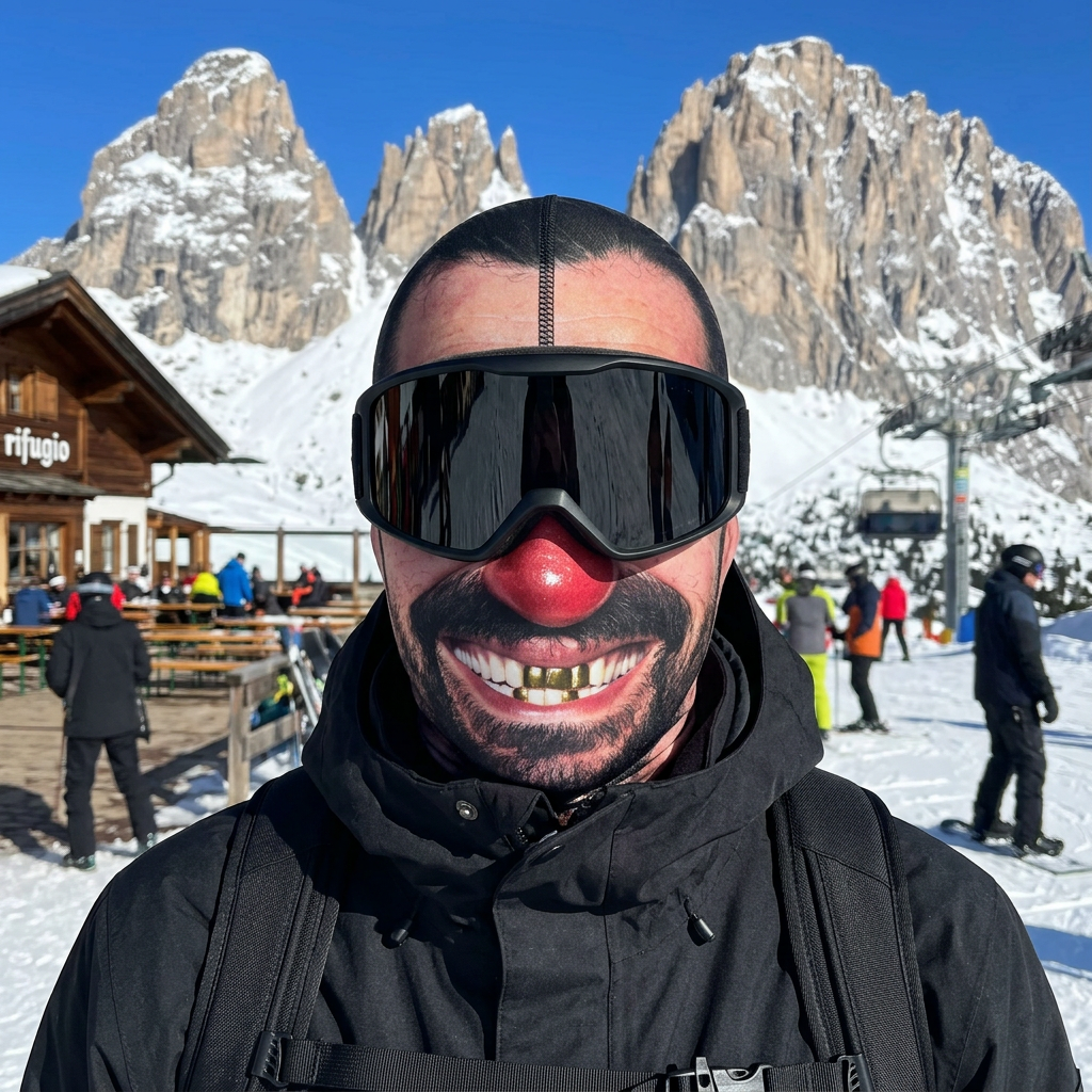 Passamontagna Zio Bombardino indossato in pista davanti al rifugio